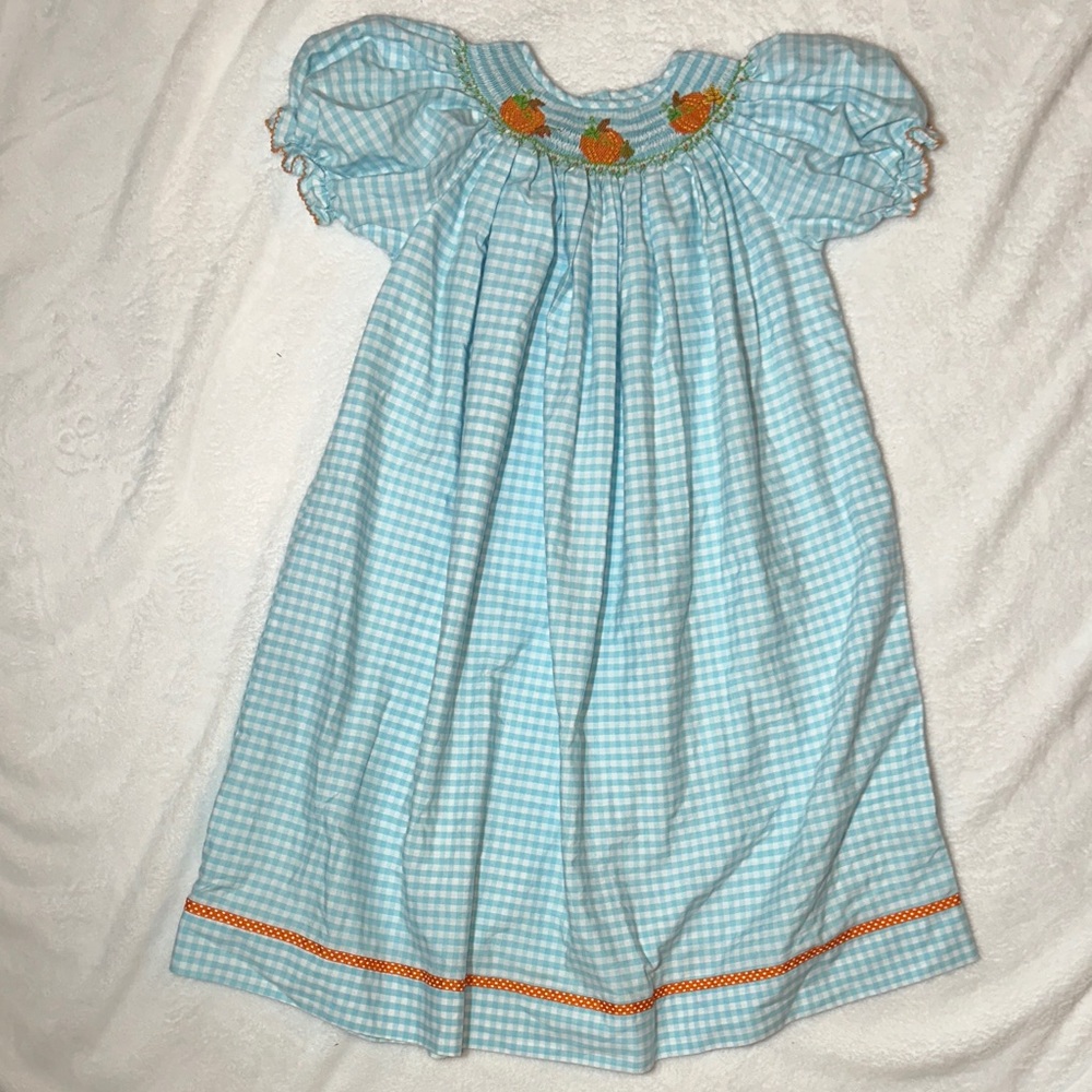 EUC silly goose Blue Gingham Dress with Pumpkin smocking size 6